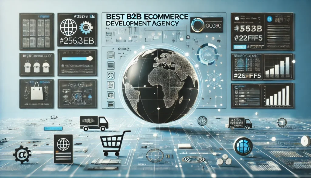 Featured image for a guide titled "Best B2B Ecommerce Development Agency," featuring large, bold text with dynamic shapes and patterns, showcasing a professional and modern design to attract businesses seeking top-tier ecommerce solutions.