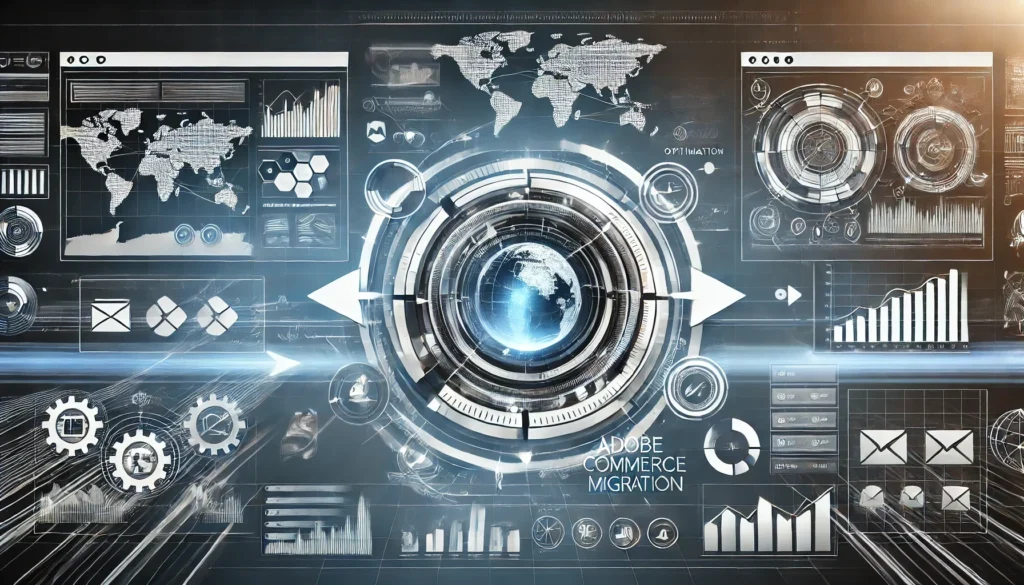 A visual representation of the Adobe Commerce migration process featuring data flow, optimization, global scalability, and seamless integration. The image highlights an eCommerce dashboard, charts, and interconnected systems, emphasizing performance improvements, efficiency, and global reach. Ideal for businesses looking to unlock the full potential of Adobe Commerce through strategic migration