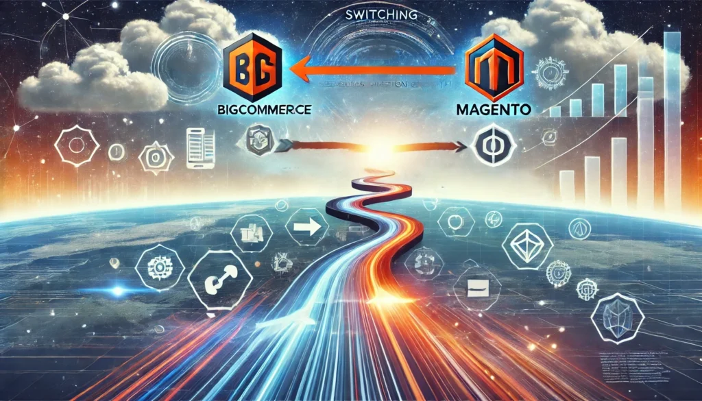 A professional landscape image illustrating the transition from BigCommerce to Magento, with arrows symbolizing a smooth migration path. The visual includes icons representing data migration, enhanced security, improved performance, and growth, set against a clean, digital background that conveys progress and eCommerce transformation