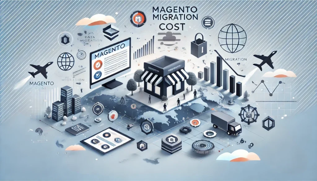 A modern and professional image illustrating the concept of Magento migration cost. The design features an e-commerce store transitioning to a new platform, with icons representing data migration, security, and integration. A digital checklist and graphs symbolize cost optimization and efficient migration strategies. The text "WEB SOLUTIONS NYC" is prominently displayed, emphasizing the expertise and guidance offered by Web Solutions NYC in managing successful Magento migrations. The image visually conveys the importance of planning and expertise in minimizing costs and ensuring a smooth migration.