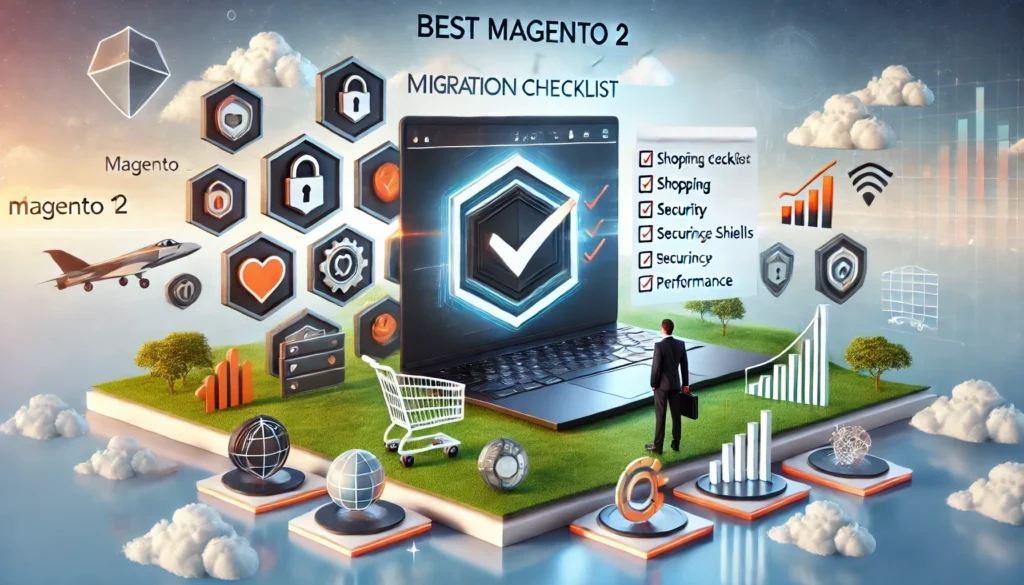 An illustration of a sleek digital workspace showcasing the best Magento 2 migration checklist on a laptop screen, surrounded by e-commerce icons such as shopping carts, security shields, and performance graphs. The image symbolizes the seamless transition from Magento 1 to Magento 2, representing efficiency and expertise in digital transformation for e-commerce businesses