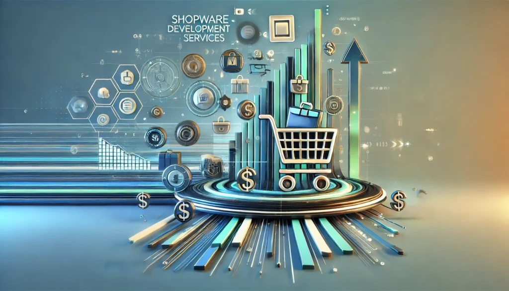 Featured image showcasing eCommerce development and revenue growth, with a dynamic gradient background in blue, black, white, and lime green. The image includes elements representing eCommerce success, such as upward-trending graphs, digital shopping carts, and currency symbols, emphasizing professional Shopware development services without any text or numbers