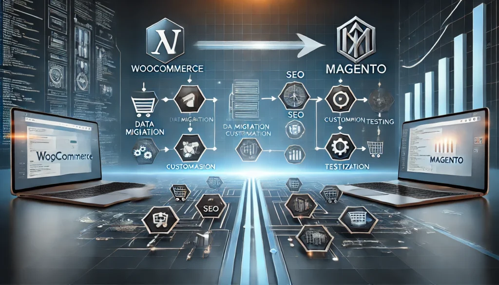 A visual representation of the migration process from WooCommerce to Magento, highlighting key steps such as data migration, SEO optimization, customization, testing, and performance enhancement. The image features WooCommerce and Magento logos connected by arrows, symbolizing the seamless transition between platforms for e-commerce success. Designed to emphasize the benefits of migrating from WooCommerce to Magento, the image portrays growth and transformation through key e-commerce and development icons.