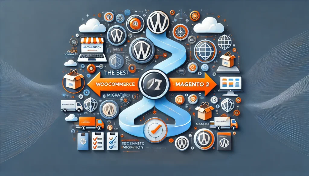 A visual representation of the WooCommerce to Magento 2 migration process, showcasing the transition between the two eCommerce platforms with icons representing both WooCommerce and Magento 2. Arrows indicate a smooth migration flow, symbolizing growth, scalability, and enhanced functionality. The design emphasizes the seamless integration and transition involved in migrating an online store from WooCommerce to Magento 2, ideal for businesses seeking better customization, performance, and scalability in their eCommerce operations.