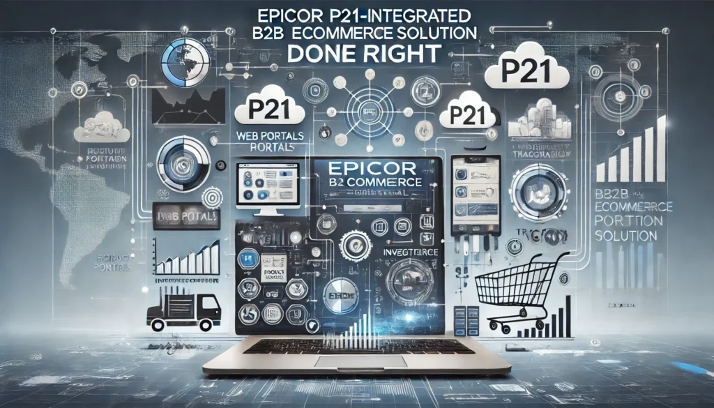 landscape-oriented image representing a comprehensive B2B eCommerce portal solution with Epicor P21. It symbolizes seamless integration with modern digital elements like dashboards, data flow, and product tracking