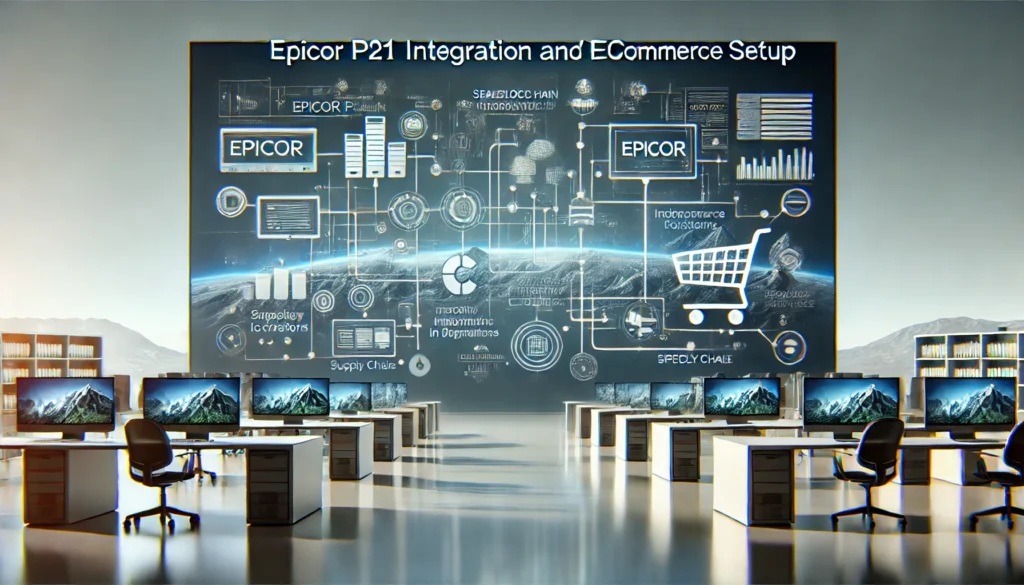 Epicor P21 integration and eCommerce setup visualized through connected systems, data flows, and digital platforms, showcasing seamless automation, inventory management, and operational efficiency for business growth