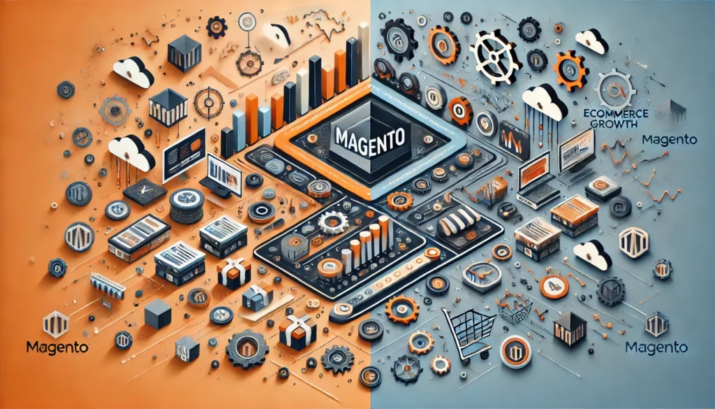  image for the Magento vs Other Ecommerce Platforms guide, visually representing the comparison between Magento's advanced capabilities and other platforms. It showcases Magento's scalability and enterprise-level growth next to simplified eCommerce options like Shopify and BigCommerce