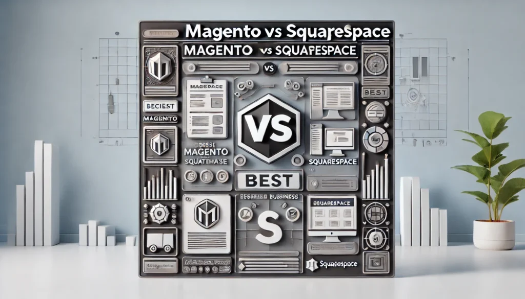 image for your guide on Magento vs Squarespace. It visually contrasts the strengths of both platforms—Magento’s customization and scalability versus Squarespace’s simplicity—and features a clean, professional layout to enhance the decision-making process for readers. This image can help set the tone for your in-depth guide on the comparison between these two eCommerce platforms.