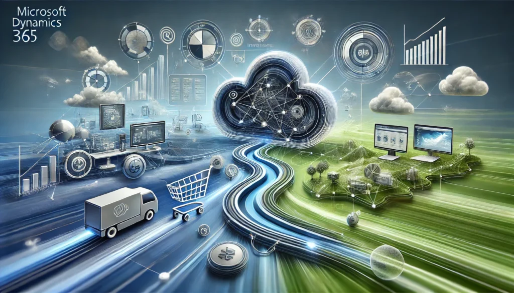 Dynamic landscape illustration representing seamless Microsoft Dynamics 365 eCommerce integration with an online store, featuring interconnected systems with shopping carts, inventory syncing, and analytics dashboards connected by flowing lines, symbolizing real-time automation and business growth