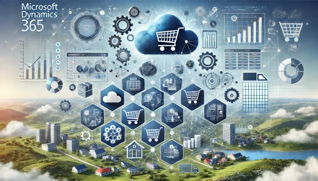 Visual representation of seamless Microsoft Dynamics 365 eCommerce site platform integration, showcasing interconnected digital elements, including inventory management, automation workflows, and real-time analytics. The design illustrates how synchronized systems boost efficiency, streamline operations, and optimize customer experience.