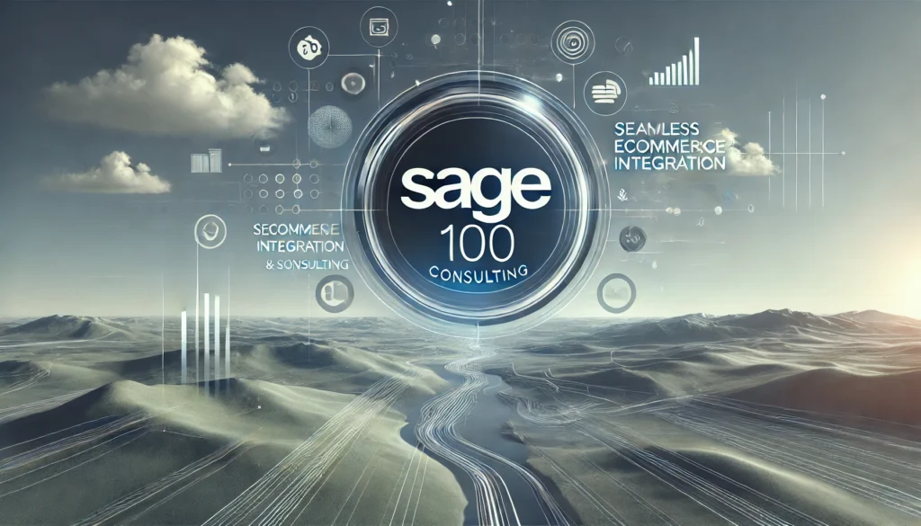 Modern landscape image featuring the words 'Sage 100' in bold typography, symbolizing seamless ecommerce consulting and integration with Sage 100 ERP. Professional design with digital elements representing automation, interconnected systems, and data synchronization for scalable business growth