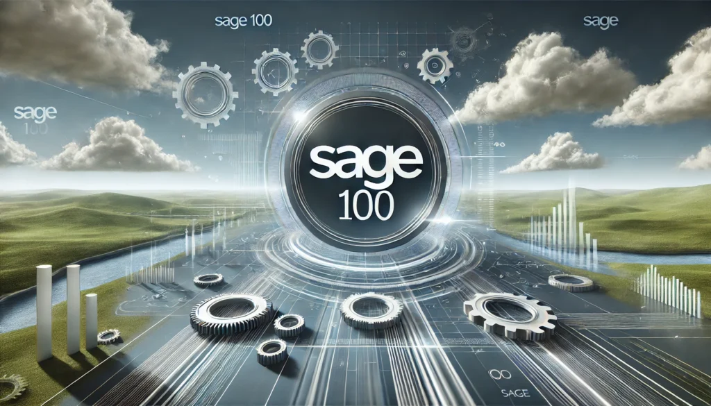 Bold and sleek design featuring the words 'SAGE 100' in large, clear font, surrounded by digital elements symbolizing seamless integration and optimized business operations for Sage 100 integration and eCommerce setup