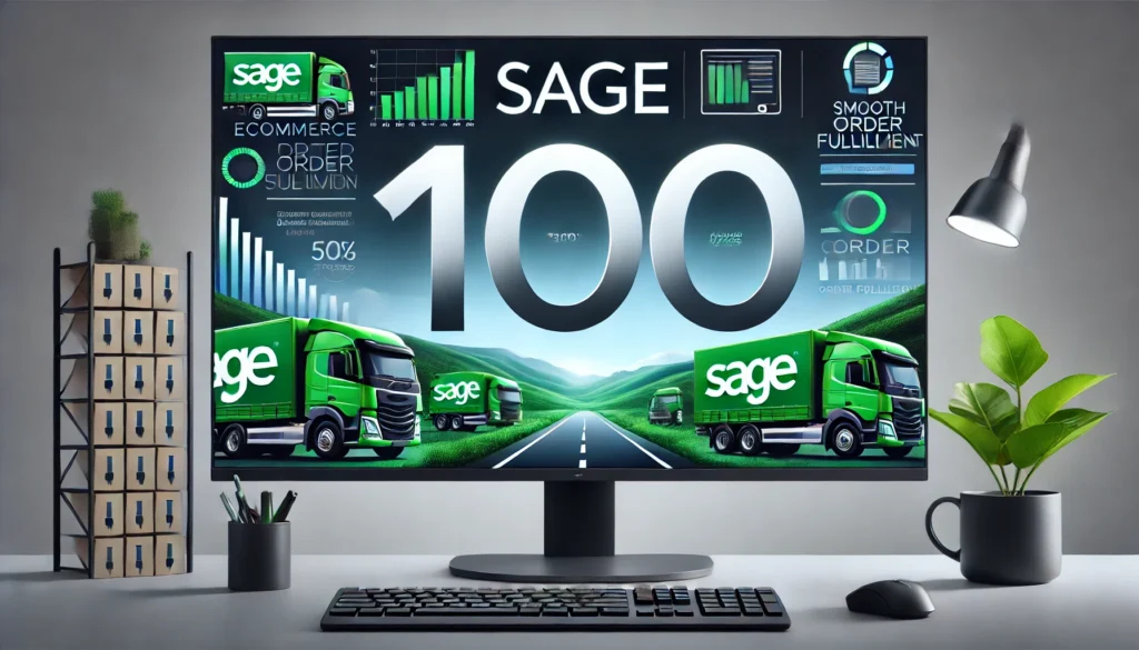 Sleek landscape image with the words 'Sage 100' displayed prominently in bold typography, representing seamless eCommerce integration, real-time inventory management, and optimized business operations with Sage 100