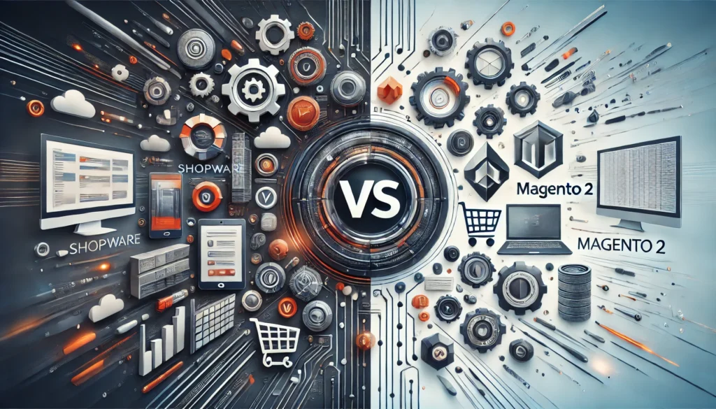  image designed for the Shopware vs Magento 2 guide, showcasing a visual comparison of the two eCommerce platforms. You can use this visually striking representation to highlight the key differences and strengths of each platform within your guide