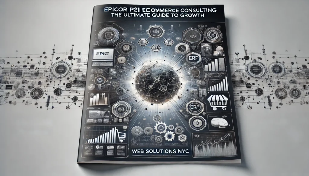 Futuristic digital network visual representing seamless Epicor P21 eCommerce consulting integration, with interconnected nodes symbolizing data flow between ERP systems and eCommerce platforms. Includes subtle elements of eCommerce icons like shopping carts and dashboards, showcasing efficiency, automation, and modern business solutions