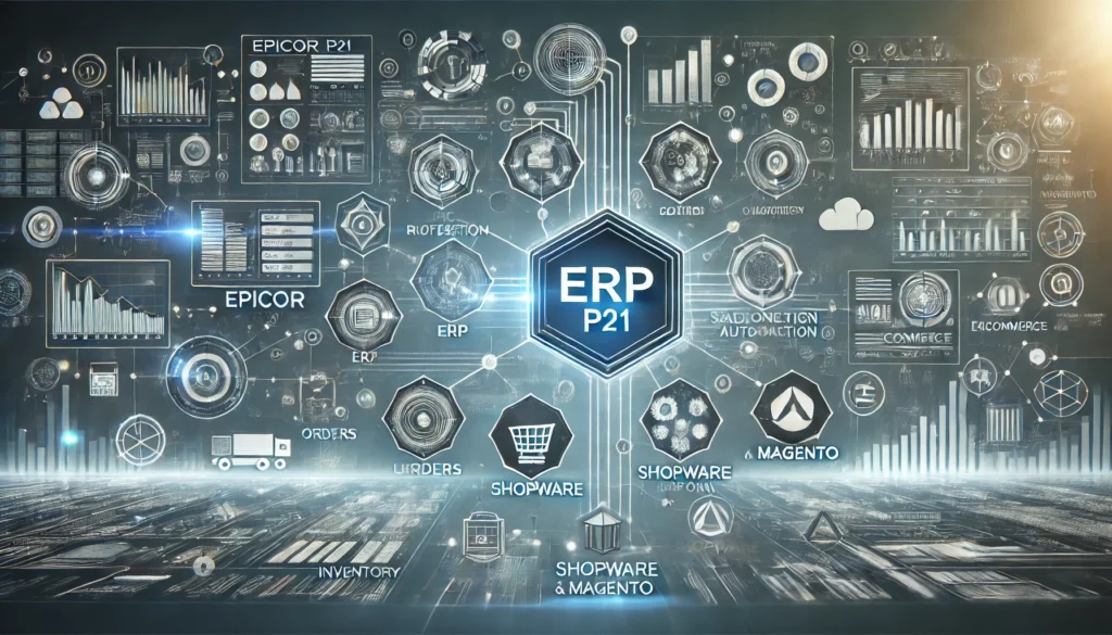 reflects the seamless connection between Epicor P21 ERP and eCommerce platforms like Shopware and Magento, capturing the essence of efficiency, data flow, and business growth.