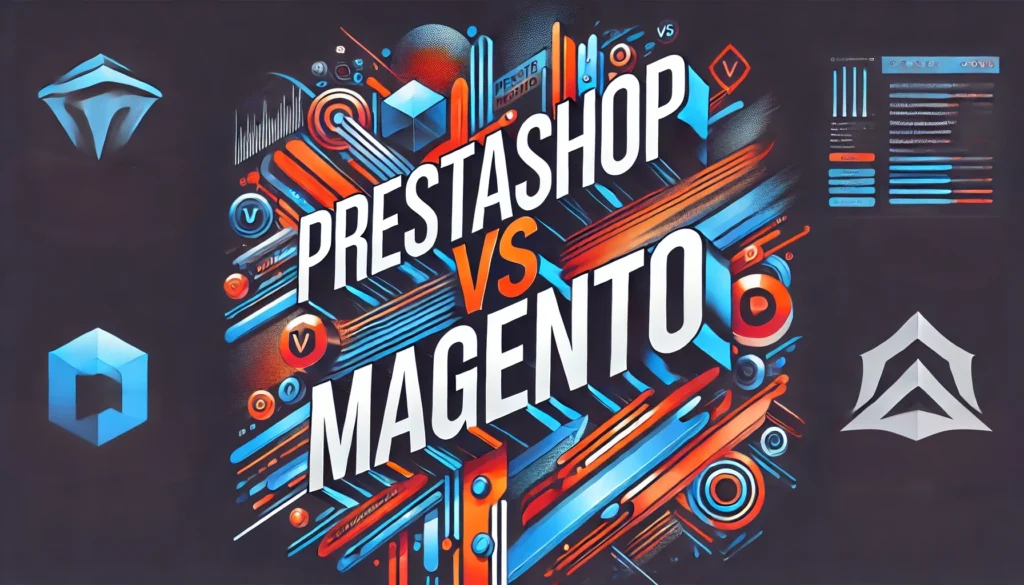 image comparing Prestashop and Magento for your guide. It visually captures the key differences between the two platforms, highlighting ease of use for Prestashop and robust customization and scalability for Magento. It aligns with the theme of your guide, giving it a professional and high-tech feel for Web Solutions NYC