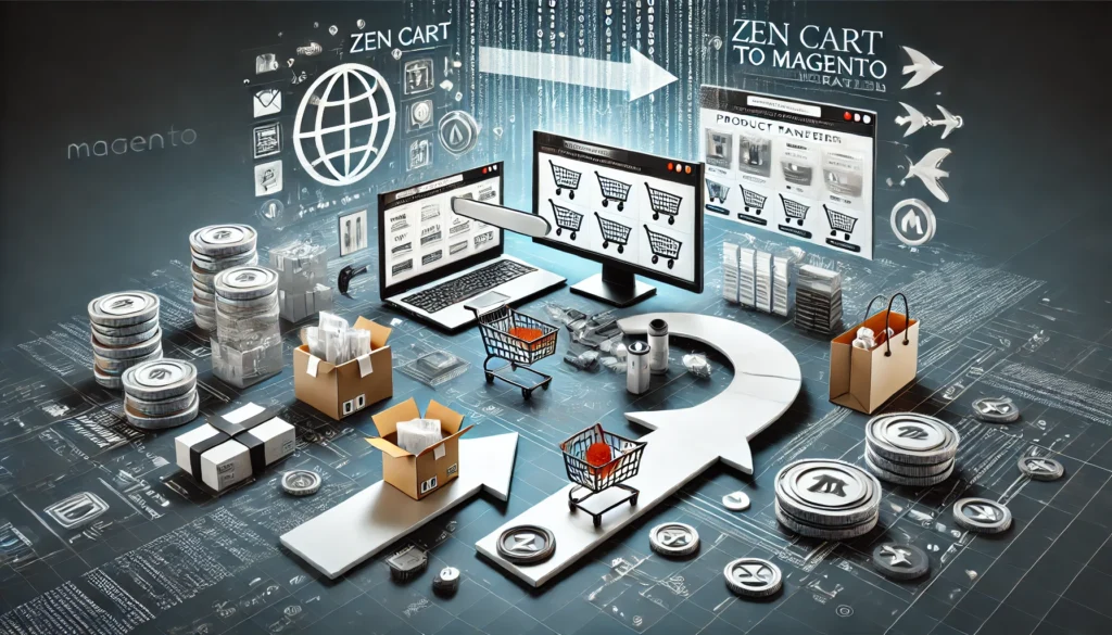  Zen Cart to Magento migration guide, showcasing the seamless transfer and digital transformation in eCommerce. It visually represents the process, with elements of growth, optimization, and efficiency for your migration journey