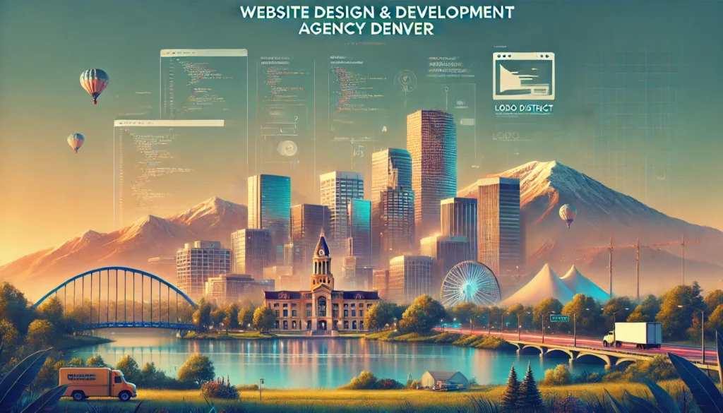 Website Design Development Agency Denver: A sleek, modern web design with Denver's iconic skyline and mountains in the background, showcasing the perfect blend of professional web development elements like a laptop, code snippets, and website layout, highlighting the expertise of a top website design development agency in Denver