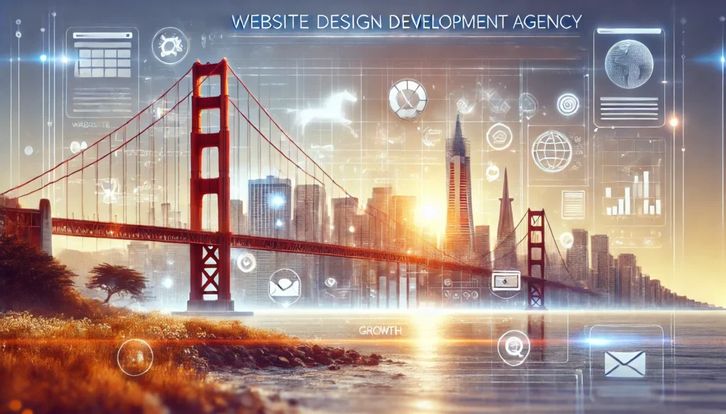 Modern and professional image of San Francisco, CA, featuring the iconic Golden Gate Bridge and San Francisco skyline, with digital design elements symbolizing website design development and business growth, representing a website design development agency San Francisco