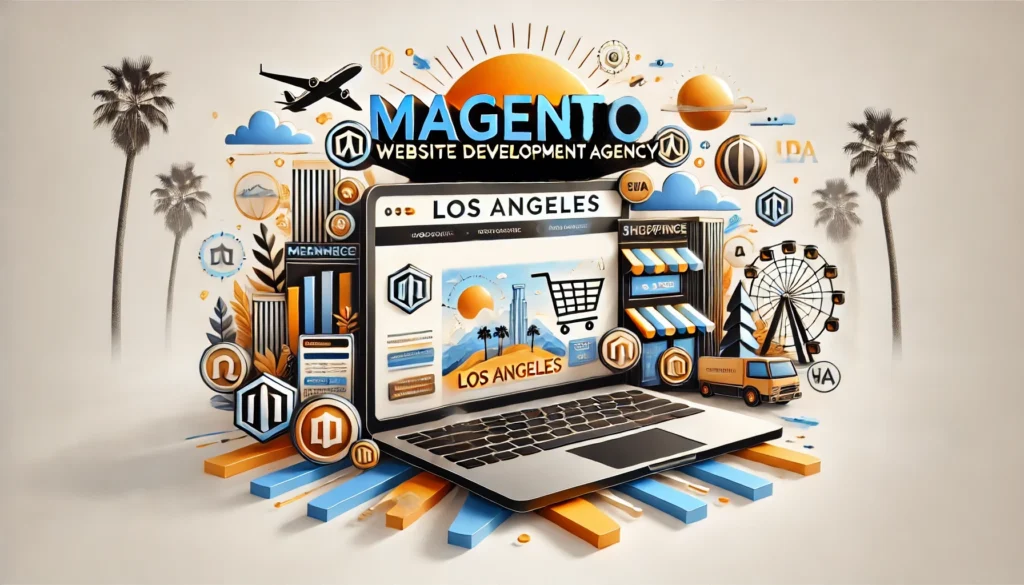 Magento website design development agency Los Angeles: Expert eCommerce solutions with a custom Magento website, featuring LA’s skyline and modern business visuals. Web Solutions NYC provides cutting-edge Magento development services for businesses in Los Angeles